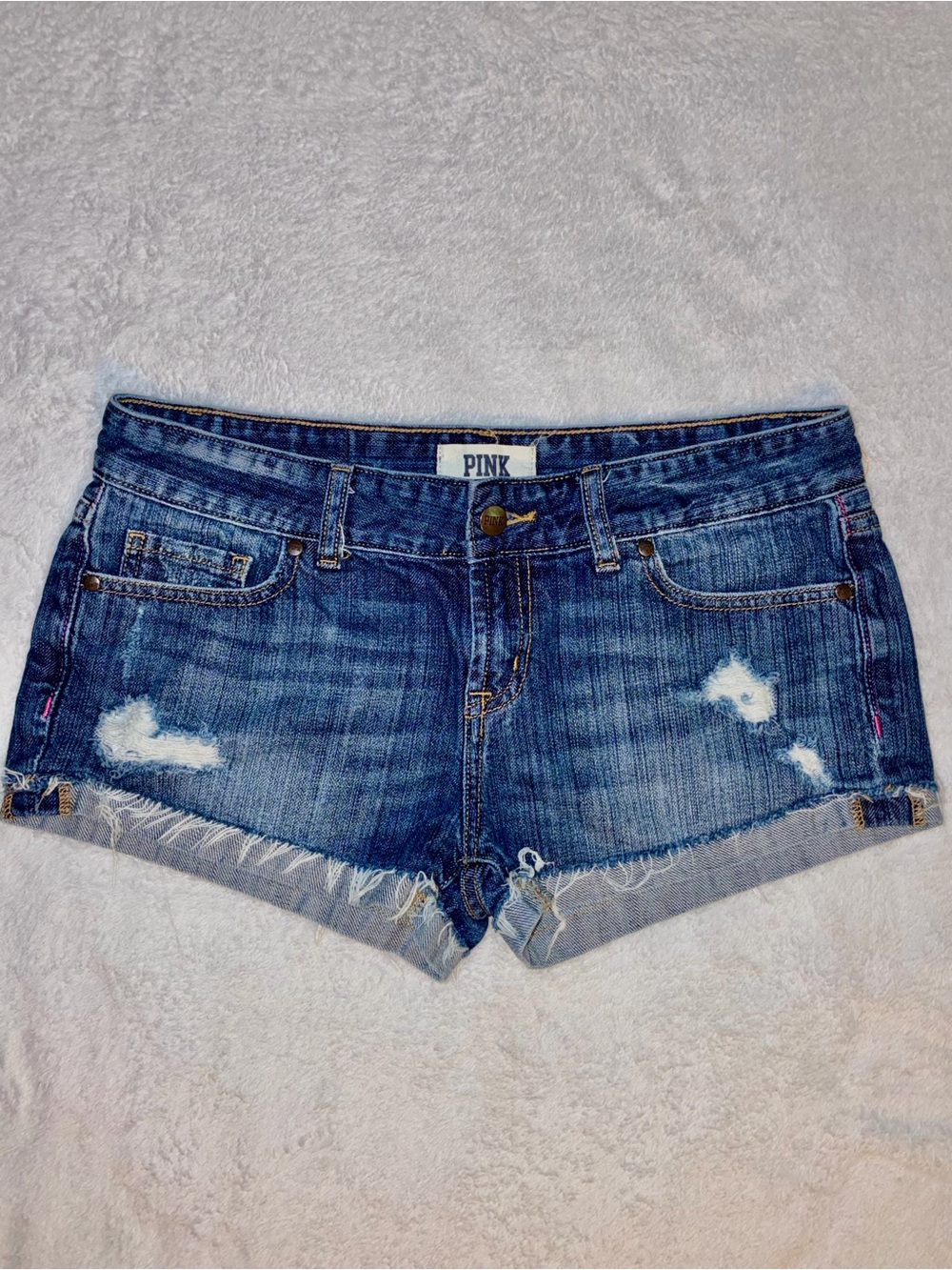 PINK Victoria's Secret Women's Distressed Denim Shorts - Dark Blue